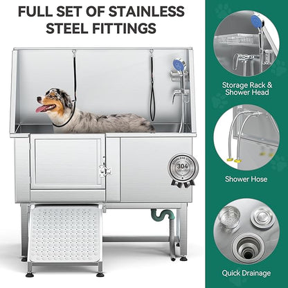 YITAHOME 50in Dog Grooming Tub Bathtub for Home 304 Stainless Steel Professional Dog Bath Washing Station w/Left Ramp, Faucet, Floor Grate for Large, Medium, Small Pets