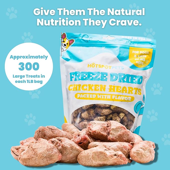 hotspot pets Freeze Dried Chicken Hearts for Cats &amp; Dogs - 1LB Big Bag- Made in USA -Single Ingredient All Natural Grain-Free -Resealable Bag- Perfect for Training, Topper or Snack, Allergen-Free