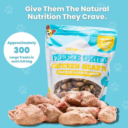 hotspot pets Freeze Dried Chicken Hearts for Cats &amp; Dogs - 1LB Big Bag- Made in USA -Single Ingredient All Natural Grain-Free -Resealable Bag- Perfect for Training, Topper or Snack, Allergen-Free