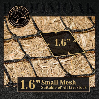 Bloomoak Slow Hay Net Feeder for Horses, Durable Soft Black PE 2/3 String Hay Bales Bags, Fit 36x18x18 to 47x25x17 Inches, Extends 50-64 Inches (2 1.6" Hole/1PC)