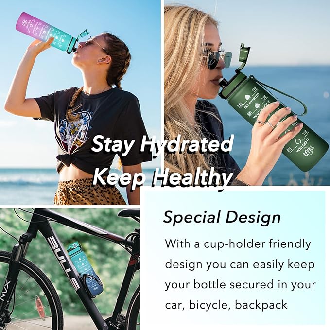 Enerbone Water Bottle, Leakproof BPA &amp; Toxic Free, Motivational Water Bottle with Times to Drink and Straw, Fitness Sports Water Bottle with Strap for Office, Gym, Outdoor Sports