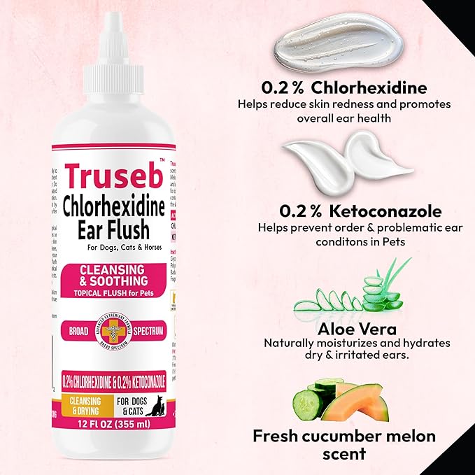 Truseb Advanced Topical Dog Ear Wash with Ketoconazole &amp; Chlorhexidine Ear Flush Dog, Cats and Horses, with Aloe - 12 oz Made in U.S.A (Ketoconazole &amp; Chlorhexidine Ear Flush, 12 oz)