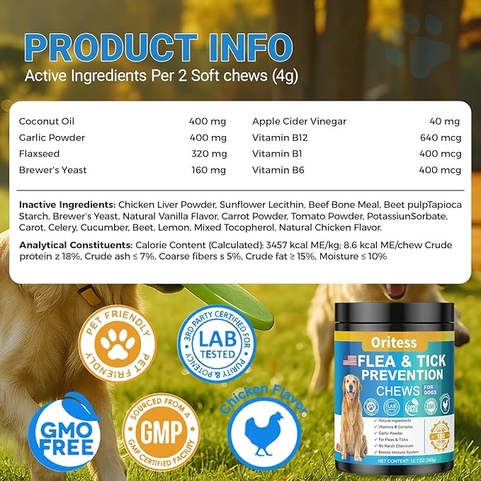 Flea and Tick Prevention for Dogs, 180 Soft Chews Natural Dog Flea and Tick Chewables Oral Flea Supplement for Dogs, Puppy Flea Support - All Breeds &amp; Ages - Chicken Flavor