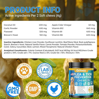 Flea and Tick Prevention for Dogs, 180 Soft Chews Natural Dog Flea and Tick Chewables Oral Flea Supplement for Dogs, Puppy Flea Support - All Breeds &amp; Ages - Chicken Flavor