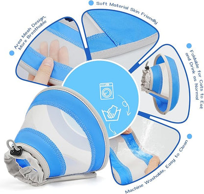 Breathable Air Mesh Cat Cone Collar Soft to Stop Licking, Adjustable, Foldable Lightweight Kitten Cones After Surgery Recovery for Cats &amp; Kittens (Light Blue,M)