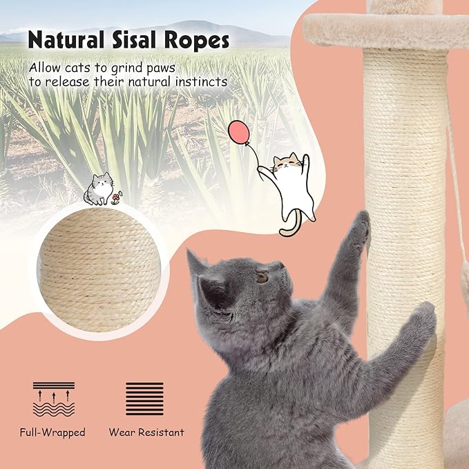 PETSITE Woven Cat Tree, Modern Cat Tower with Hammock &amp; Scratching Posts, Cattail Condo &amp; Top Perch, Cat Activity Tree for Indoor Cats