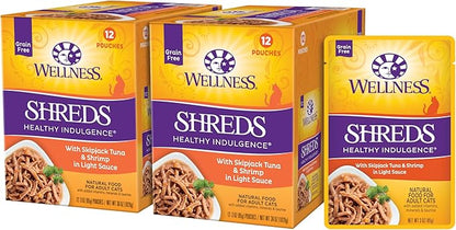 Wellness Healthly Indulgence Shreds Adult Wet Cat Food, Natural, Protein-Rich, Grain Free, 3 Ounce Pouch, 24 Pack, (Tuna &amp; Shrimp)
