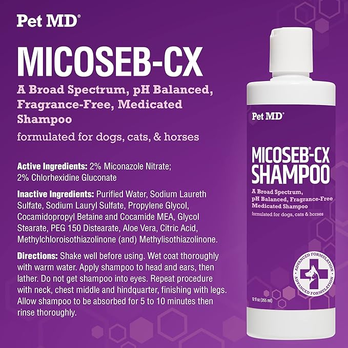 Pet MD Micoseb-CX Topical Shampoo for Dogs, Cats, &amp; Horses with Miconazole - 12 oz