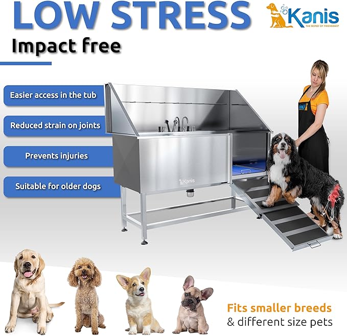 KANIS Professional Dog Washing Station - 304 Stainless Steel Pet Wash Sink &amp; Grooming Bath Tub for Home with Ramp, Shower, Floor Grate, Storage Shelf, Faucet, Drain Kit for Large, Medium &amp; Small Pets