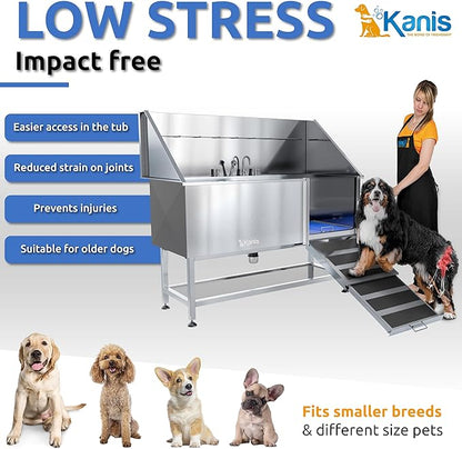 KANIS Professional Dog Washing Station - 304 Stainless Steel Pet Wash Sink &amp; Grooming Bath Tub for Home with Ramp, Shower, Floor Grate, Storage Shelf, Faucet, Drain Kit for Large, Medium &amp; Small Pets