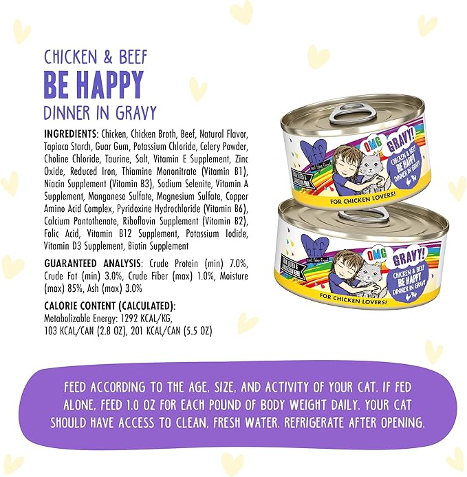 Weruva B.F.F. OMG - Best Feline Friend Oh My Gravy!, Chicken &amp; Beef Be Happy with Chicken &amp; Beef in Gravy, 5.5oz Can (Pack of 8)
