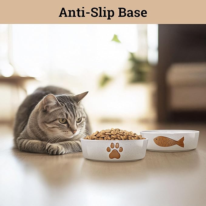 Ceramic Cat Bowls Whisker Friendly - Ceramic Cat Bowl Set of 2 Cute Designs with Anti-Slip Bases - Dishwasher &amp; Microwave Safe Food and Water Bowls for Cats - Dishes for Cats - Kitten Food Bowl Set