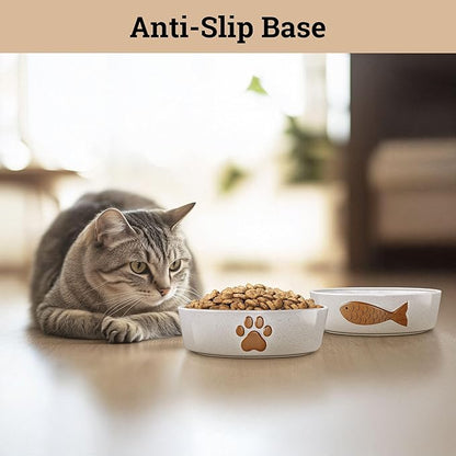 Ceramic Cat Bowls Whisker Friendly - Ceramic Cat Bowl Set of 2 Cute Designs with Anti-Slip Bases - Dishwasher &amp; Microwave Safe Food and Water Bowls for Cats - Dishes for Cats - Kitten Food Bowl Set