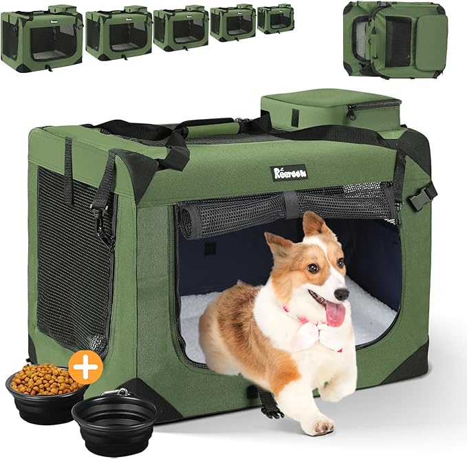 Extra Large Dog Crate with 2 Foldable Bowl, 40 Inch Collapsible Travel Dog Crate Kennel with Soft Blanket for Medium Dogs,Indoor &amp; Outdoor (40" L x 27" W x 27" H, Green)