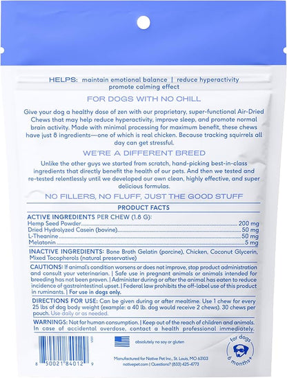 Native Pet Calming Chews for Dogs - Melatonin for Dogs Anxiety Relief - Grain Free All Natural Hemp Calming Treats &amp; L-Theanine Helps Manage Stress &amp; Separation Anxiety - Puppy Sleep Aid - 30 Chews