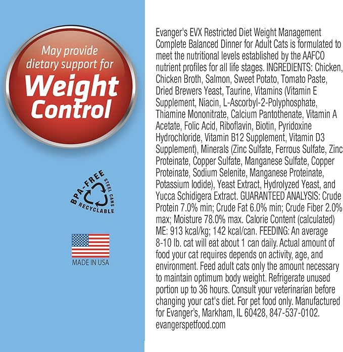 Evanger’s EVX Restricted Diet Weight Management Canned Cat Food – 24 Count, 5.5 oz Cans Each – Chicken, Salmon &amp; Sweet Potato Recipe – Grain Free, Limited Ingredients, Pâté Style
