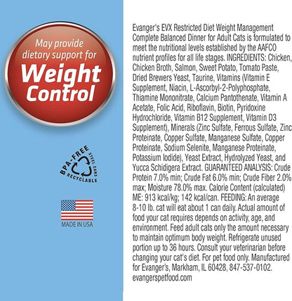 Evanger’s EVX Restricted Diet Weight Management Canned Cat Food – 24 Count, 5.5 oz Cans Each – Chicken, Salmon &amp; Sweet Potato Recipe – Grain Free, Limited Ingredients, Pâté Style