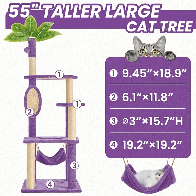 55 Inch Large Cat Tree Tower for Indoor Cats with Hammock Green Leaves Sisal Scratching Post, Plush Hang Ball Play Furniture for Kittens &amp; Adult Cats, New Purple