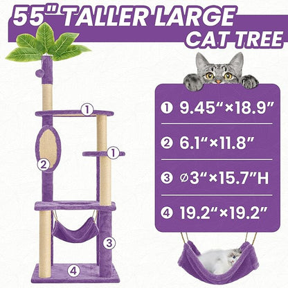 55 Inch Large Cat Tree Tower for Indoor Cats with Hammock Green Leaves Sisal Scratching Post, Plush Hang Ball Play Furniture for Kittens &amp; Adult Cats, New Purple