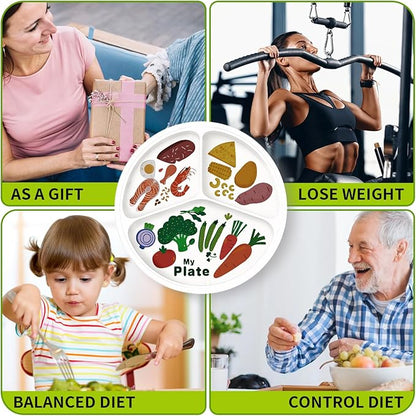 10" 3-Grid Cute Cartoon Portion Control Plate - Melamine, Healthy Nutrition for Weight Loss &amp; Diabetes Management, Ideal for Adults &amp; Teens Kids (4 Pack)