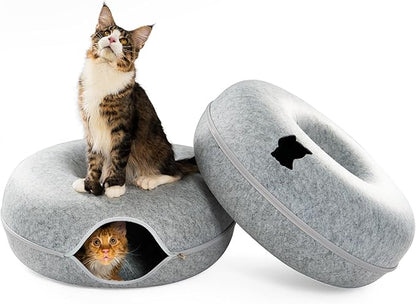Cattasaurus Peekaboo Cat Cave, Extra Spacious for Multiple &amp; Large Cats 12+ lbs, Scratch Detachable Beds for Indoor Cats, Washable Tunnel Bed, Comfy Cat Donut Tunnel (Light Gray+Light Gray, Jumbo)