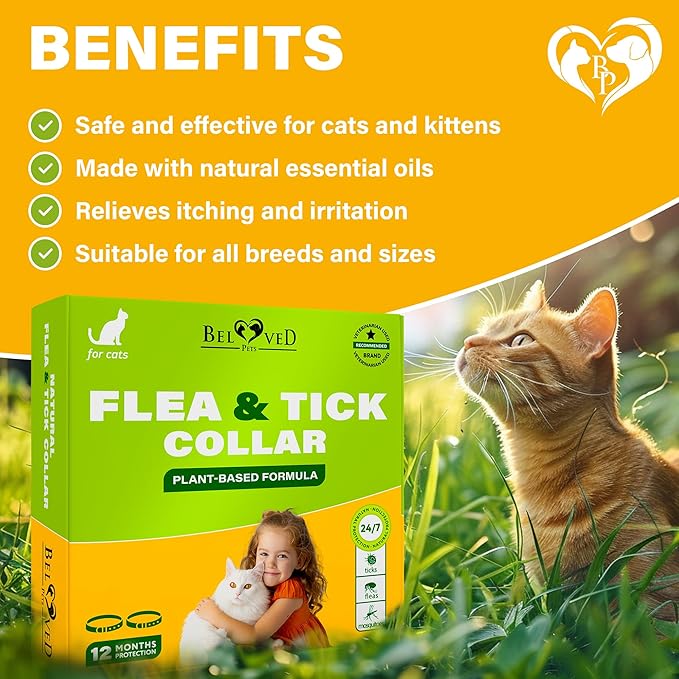 Natural Flea &amp; Tick Collar for Cats - 12 Months Control of Best Prevention &amp; Safe Treatment - Anti Fleas and Ticks Essential Oil Repellent (2 Pack)