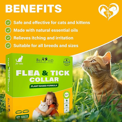Natural Flea &amp; Tick Collar for Cats - 12 Months Control of Best Prevention &amp; Safe Treatment - Anti Fleas and Ticks Essential Oil Repellent (2 Pack)
