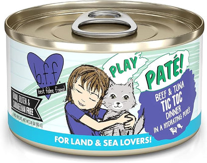 Weruva B.F.F. Play - Best Feline Friend Paté Lovers, Aw Yeah!, Beef &amp; Tuna Tic TOC with Beef &amp; Tuna, 2.8oz Can (Pack of 12)