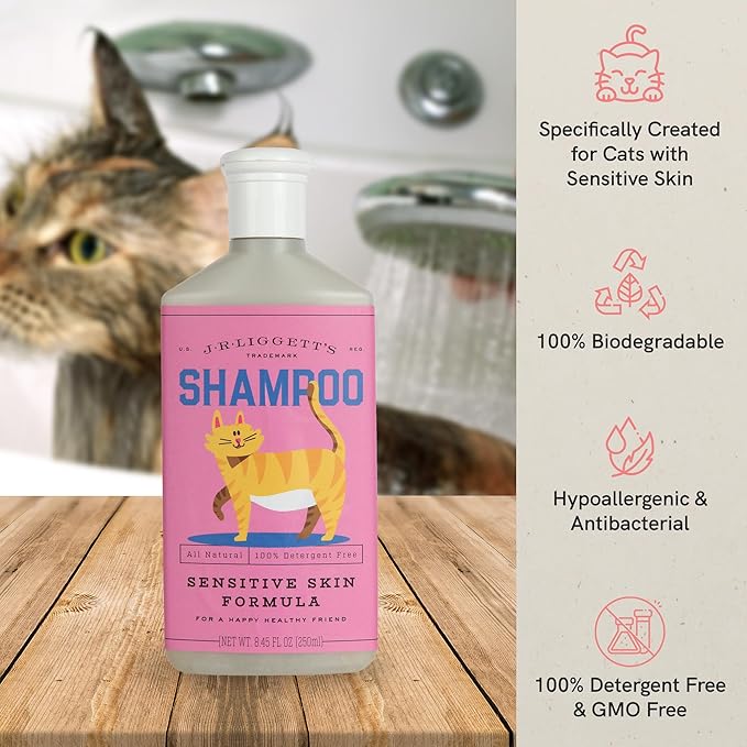 JR Liggett’s Natural Liquid Cat Shampoo for Sensitive Skin - 100% Detergent Free, Non-GMO &amp; Biodegradable - Tear-Free, Hypoallergenic Formula Soothes Dry Itchy Skin - Safe for Puppies - 8.45 fl oz
