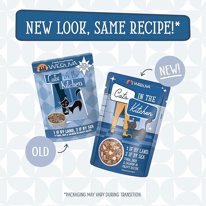 Weruva Cats in The Kitchen, 1 if by Land, 2 if by Sea with Tuna, Beef &amp; Salmon in Gravy Cat Food, 3oz Pouch (Pack of 12)