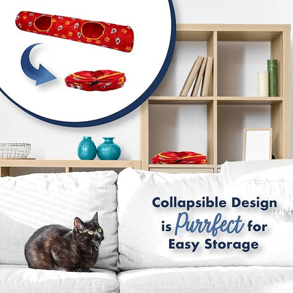 NFL Kansas City Chiefs Cat Tunnel Tube Toy with Plush Football Catnip and Feathers Collapsible Tunnel for Cats to Play, Peek and Hide, Sporty &amp; Fun Cat Tunnel Toy with Team Logo All-Over Design!