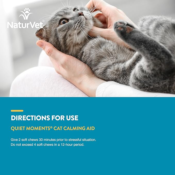 NaturVet –Quiet Moments Calming Aid for Cats Plus Melatonin – 60 Soft Chews – Helps Reduce Stress &amp; Promote Relaxation – Great for Storms, Fireworks, Travel &amp; Grooming