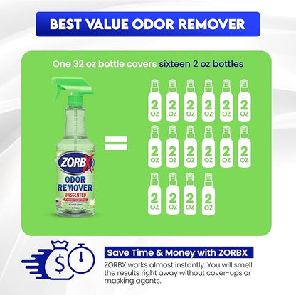 ZORBX Unscented Odor Remover Spray 32 oz - Perfect Solution for Strong Odor - Advanced Trusted Formula &amp; Fast-Acting Odor Eliminator for Dog, Cat, Puppy