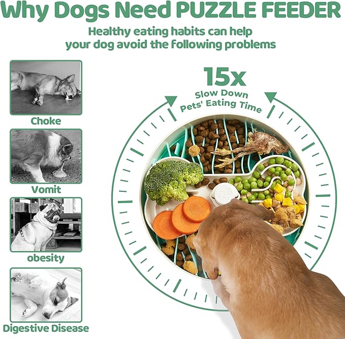 Slow Feeder Dog Bowl for Large Dogs with Non-Slip Base - Adjustable Speed Design, Removable Puzzle Inserts &amp; Dishwasher Safe, Green