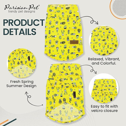 Parisian Pet Cactus Cap Beach Outfit - 100% Cotton Summer Clothes - Stylish Dog Costume - Breathable &amp; Cool - Machine Washable - Medium Dog Shirts