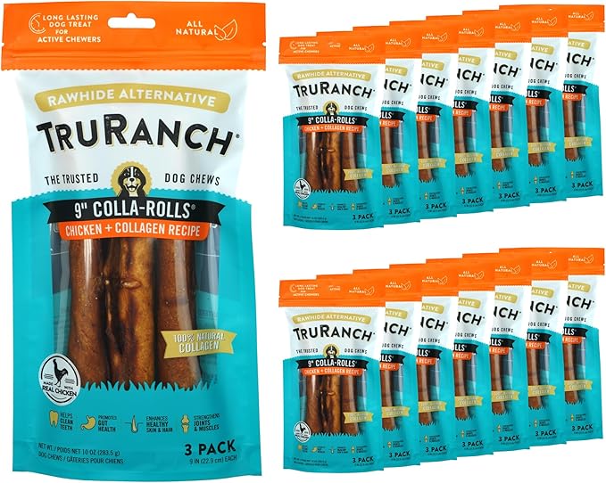 Collagen Rolls - 9" Collagen Rolls for Dogs - Long Lasting Healthy Joint Support - Rawhide Alternative - Skin &amp; Coat Health - Made with Real Chicken, Value Pack, 15 Bags, 45 Count