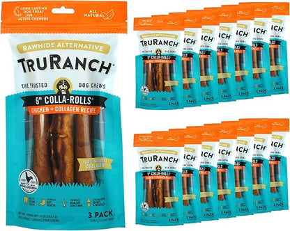 Collagen Rolls - 9" Collagen Rolls for Dogs - Long Lasting Healthy Joint Support - Rawhide Alternative - Skin &amp; Coat Health - Made with Real Chicken, Value Pack, 15 Bags, 45 Count