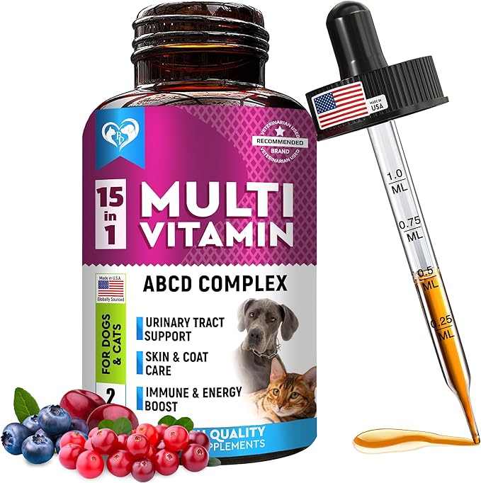 Cat &amp; Dog Multivitamin Liquid with Glucosamine &amp; Cranberry | 15 in 1 Health Supplements for Urinary Tract Kidney, Bladder, Hip &amp; Joint, Skin &amp; Coat | Natural UTI Medicine Made in USA (60 ml)