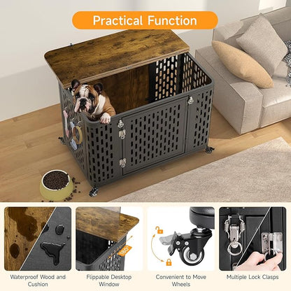 Dog Crate with Cushion, 38" Wood Heavy Duty Dog Crate Furniture with Flip Top &amp; Wheels for High Anxiety Dogs, Escape Proof Pet Cage for Small/Medium Dogs