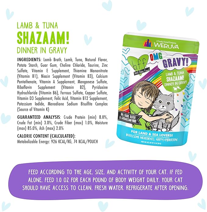 Weruva B.F.F. OMG - Best Feline Friend Oh My Gravy!, Shazaam! with Lamb &amp; Tuna in Gravy Cat Food, 2.8oz Pouch (Pack of 12)