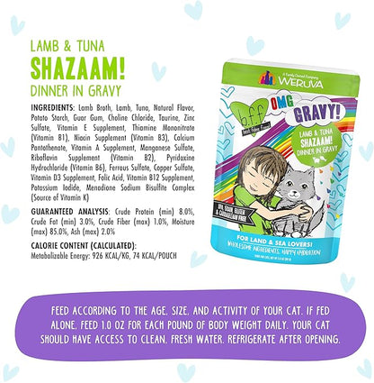 Weruva B.F.F. OMG - Best Feline Friend Oh My Gravy!, Shazaam! with Lamb &amp; Tuna in Gravy Cat Food, 2.8oz Pouch (Pack of 12)