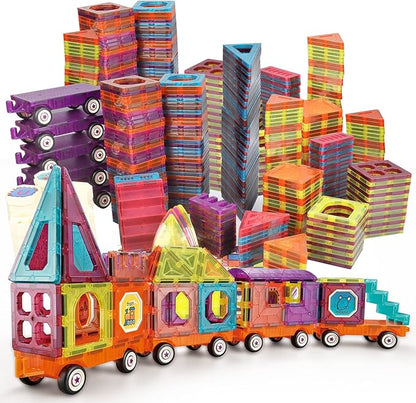 Magnetic Tiles Building Blocks with 4 Cars Magnet Train Set for Kids Construction STEM Toy Preschool Educational Creativity Learning Brithday Gift for Girls Boys Toddlers 3 4 5 6 7 8