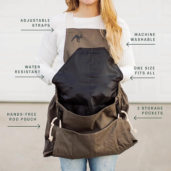 Roo Gardening Apron with Pockets &amp; Harvesting, Picking Pouch - Adjustable, Water-resistant, Washable Canvas Cotton