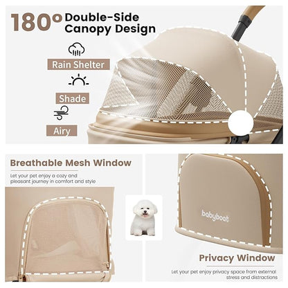 Lightweight Dog Stroller Portable Compact Folded Pet Stroller for Small/Medium Dogs &amp; Cats Up to 35lbs One Click Folding Large Cat Carriage with Adjustable Canopy Storage Basket- Khaki