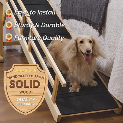 Dog Ramp for Bed or Couch, Wooden Pet Ramp with 20° Gentle Slope, Removable Side Rails, Non-Slip Surface, Top Platform &amp; Wheels, Safe Bed Ramp for Small, Medium &amp; Senior Dogs, 74" Long, Natural