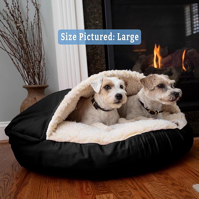 Snoozer Luxury Cozy Cave Dog Bed - Indoor Dog Bed with Cover Cave, Covered Calming Burrow for Small &amp; Medium Sized Pets with Blanket Attached, Enclosed, Washable - Large, Black