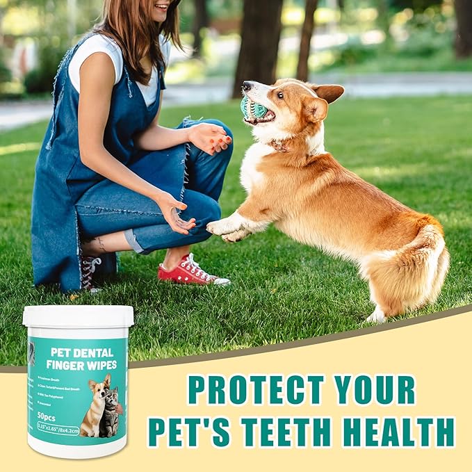 Dog Teeth Dental Finger Wipes for Dogs &amp; Cats No-Rinse Dog Finger Toothbrush Dog Plaque &amp; Tartar Prevention with Brushing Beads Dog Breath Freshene 50pcs