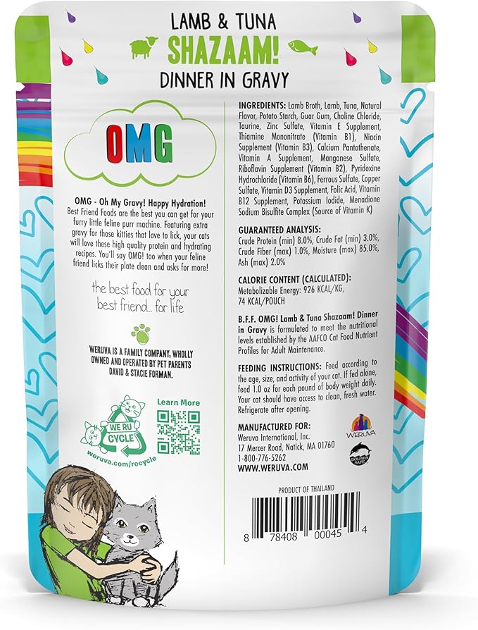 Weruva B.F.F. OMG - Best Feline Friend Oh My Gravy!, Shazaam! with Lamb &amp; Tuna in Gravy Cat Food, 2.8oz Pouch (Pack of 12)