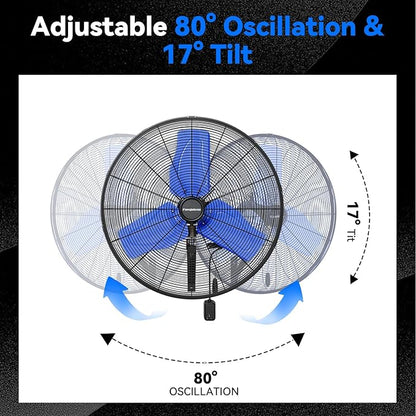 Pro 9500 CFM 24" Outdoor IP44 Waterproof Wall Mount Fan, 3-Speed Oscillating Metal Fans with Enclosure Motor, Heavy Duty Wall Fan for Patio, Warehouse, Garage, and Jobsite