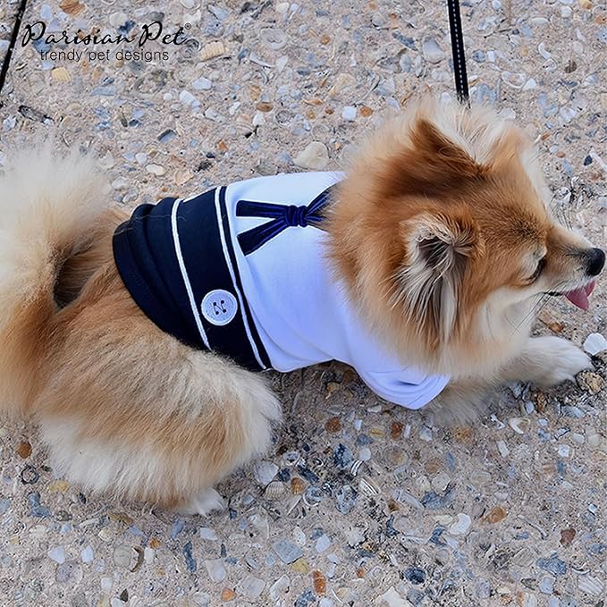 Parisian Pet Sailor Dog Costume - Embroidered Sleeved Dog Shirt - 100% Cotton &amp; Polyester - Blue &amp; White - 3XL